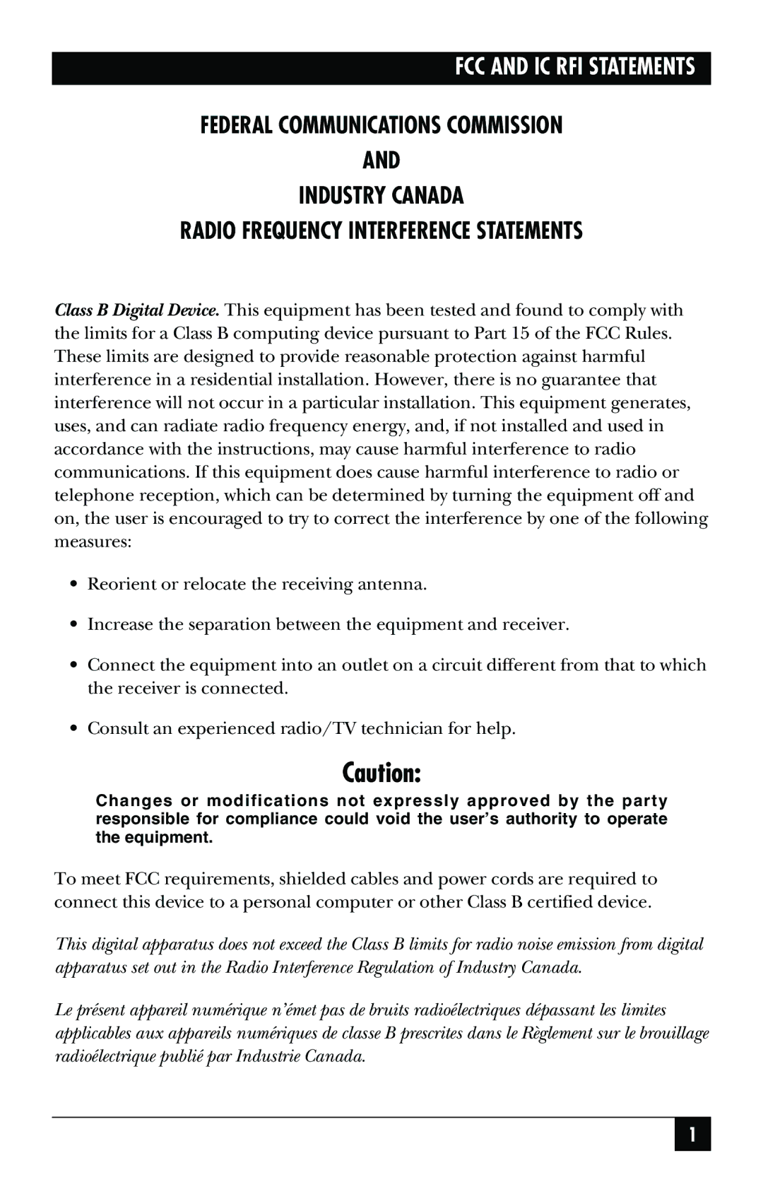 Black Box MD403A quick start FCC and IC RFI Statements 