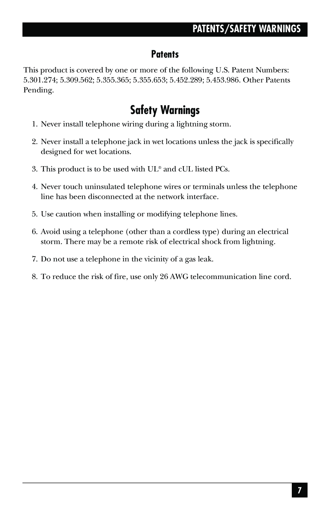 Black Box MD403A quick start Safety Warnings, Patents 