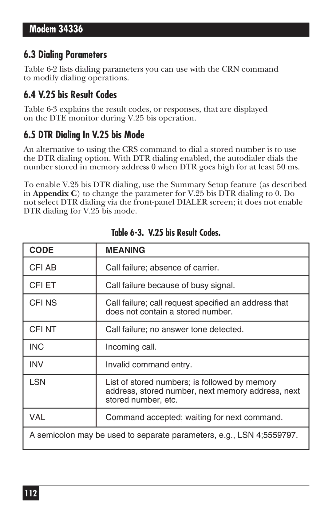 Black Box MD885C-R2, MD885AE-R2, MD885A-R3, 34336 Dialing Parameters, V.25 bis Result Codes, DTR Dialing In V.25 bis Mode 