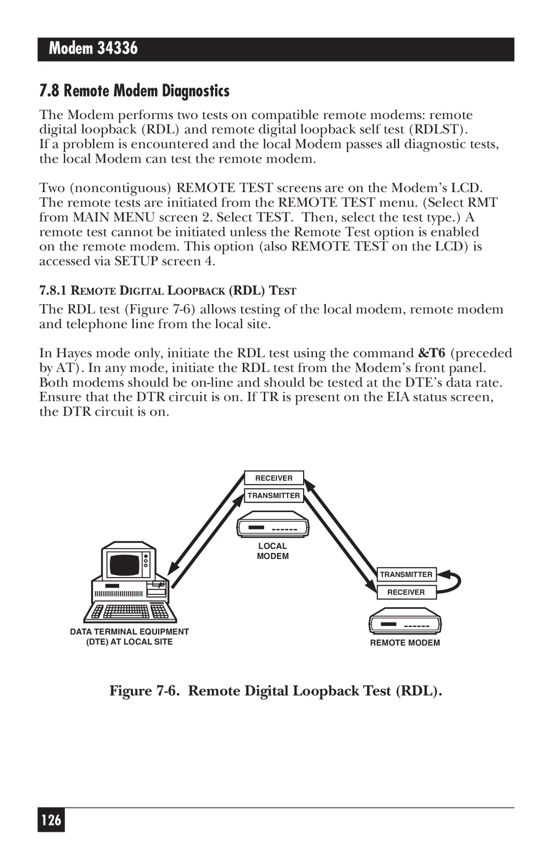 Black Box 34336, MD885AE-R2, MD885C-R2, MD885A-R3 user manual Remote Modem Diagnostics, Remote Digital Loopback Test RDL 