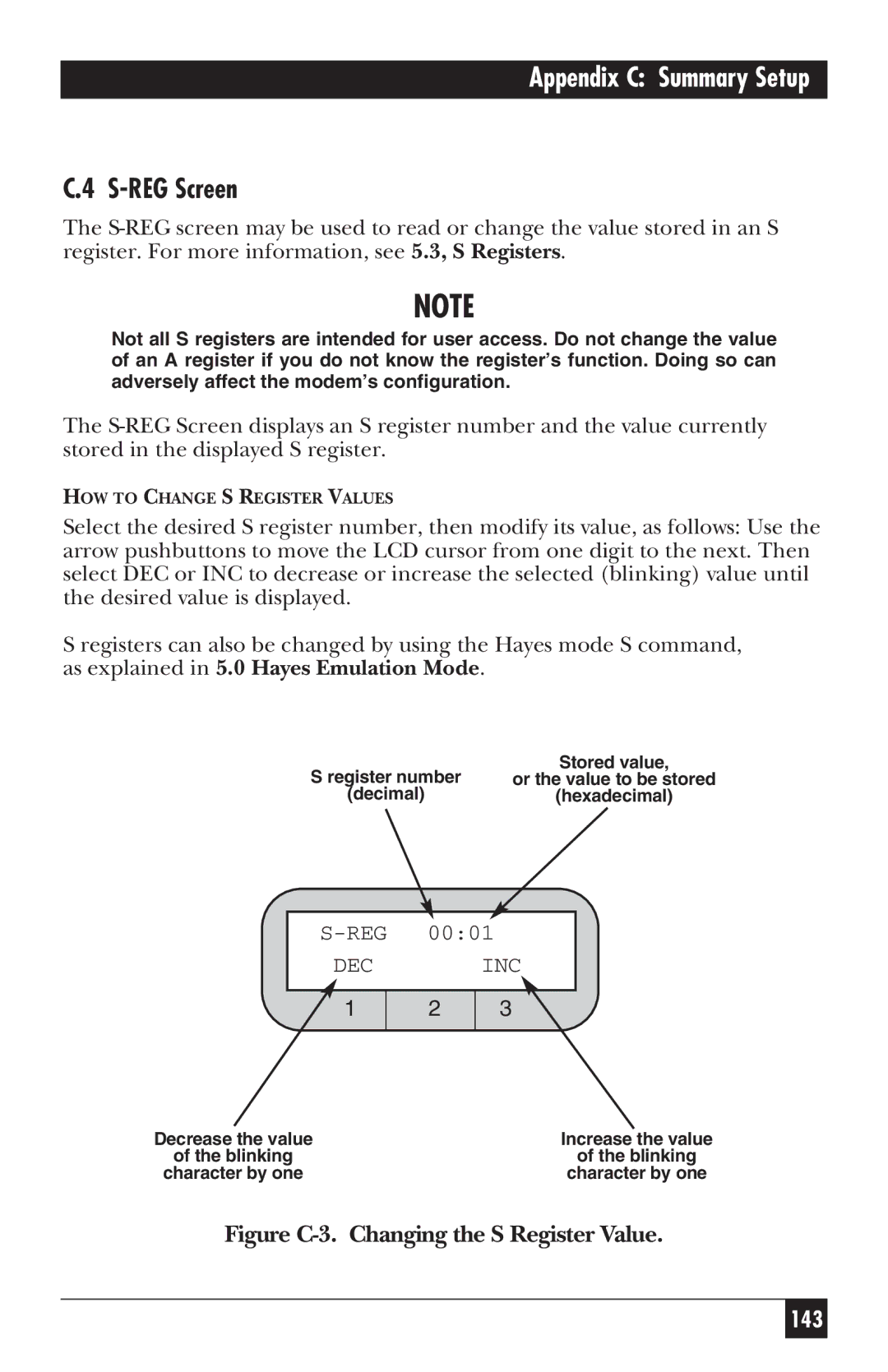 Black Box MD885AE-R2, MD885C-R2, MD885A-R3, 34336 user manual REG Screen, Figure C-3. Changing the S Register Value 