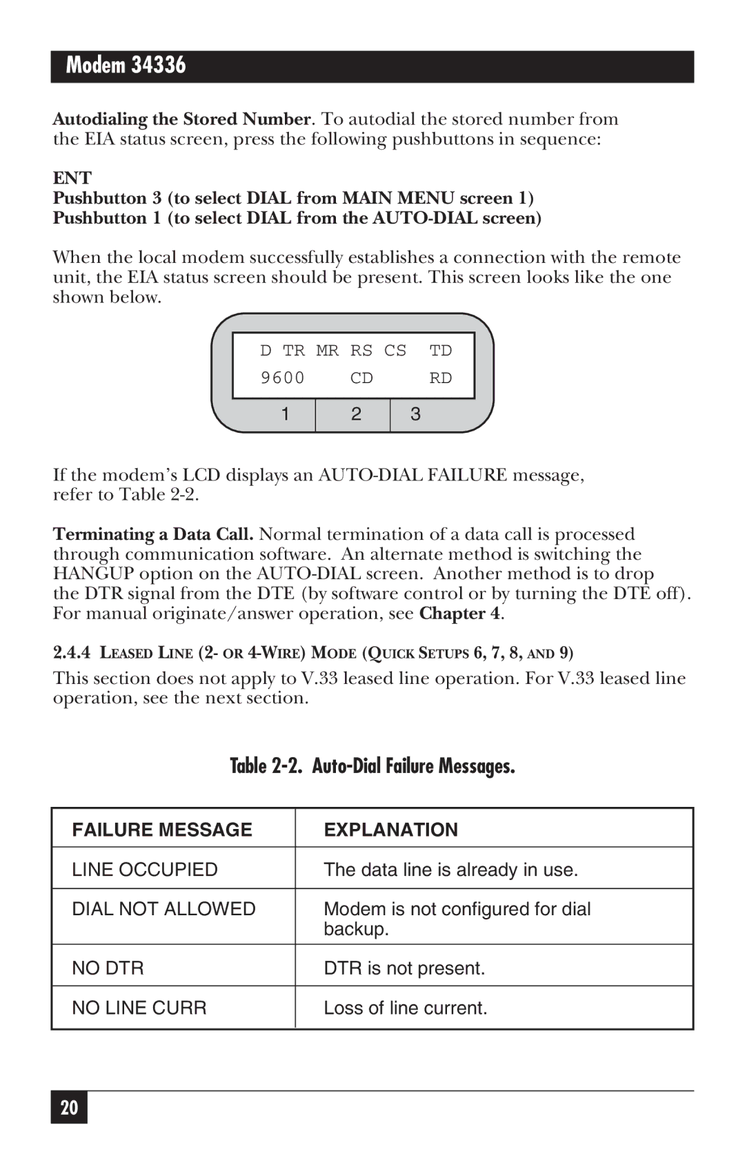 Black Box MD885C-R2, MD885AE-R2, MD885A-R3, 34336 user manual Auto-Dial Failure Messages, Ent 