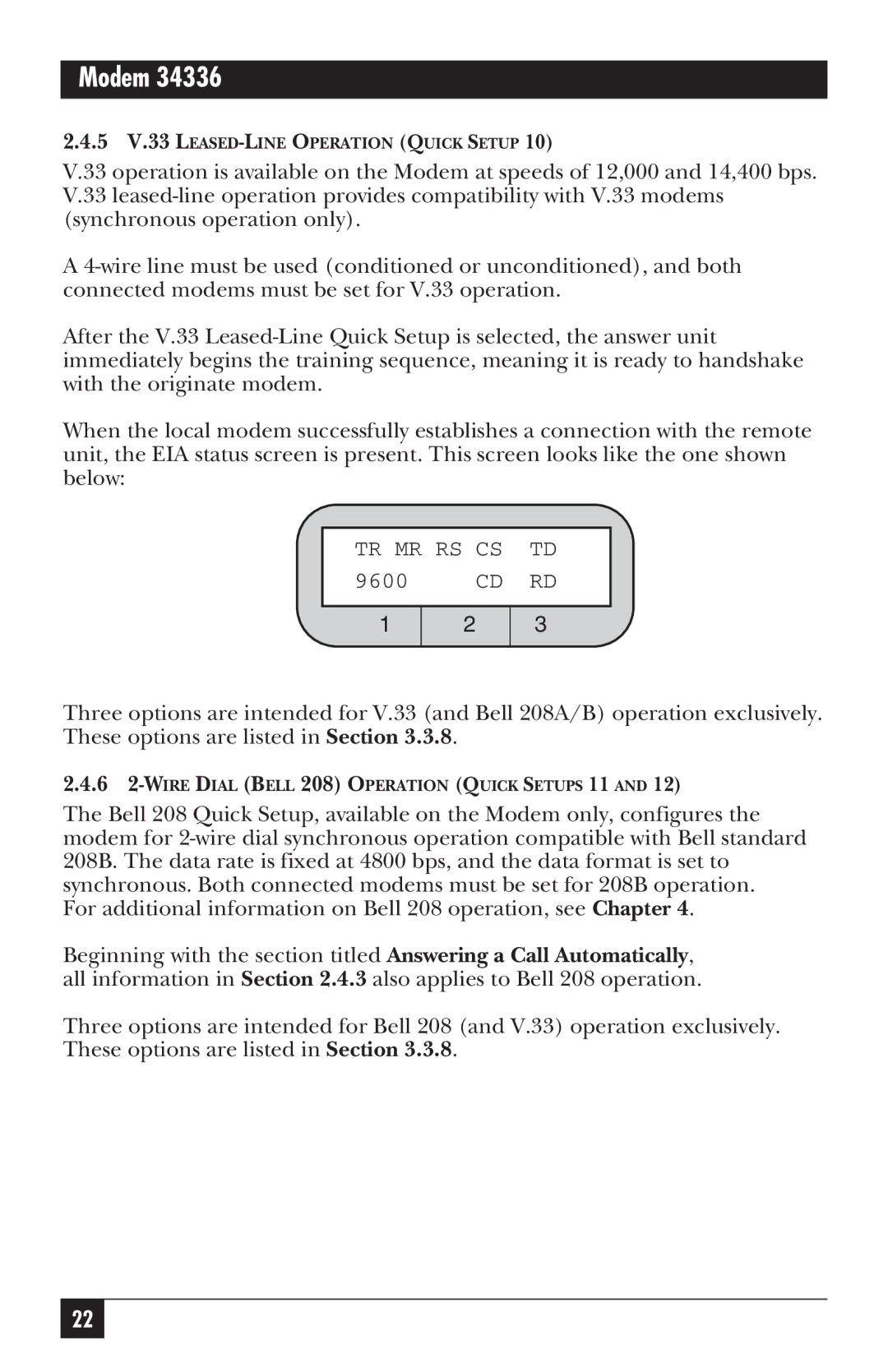 Black Box 34336, MD885AE-R2, MD885C-R2, MD885A-R3 user manual 6 2-WIREDIAL Bell 208 Operation Quick Setups 11 