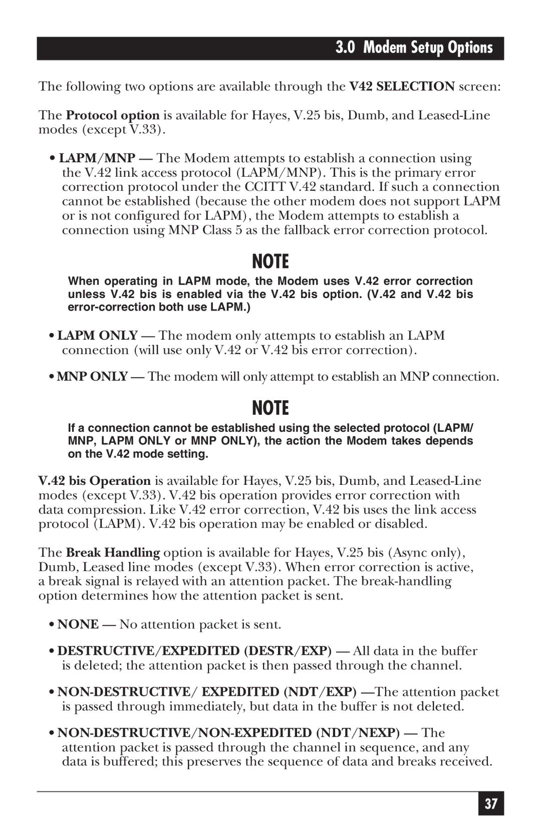 Black Box MD885A-R3, MD885AE-R2, MD885C-R2, 34336 user manual Modem Setup Options 