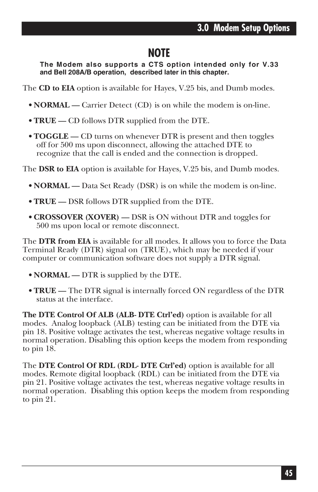 Black Box MD885A-R3, MD885AE-R2, MD885C-R2, 34336 user manual Modem Setup Options 