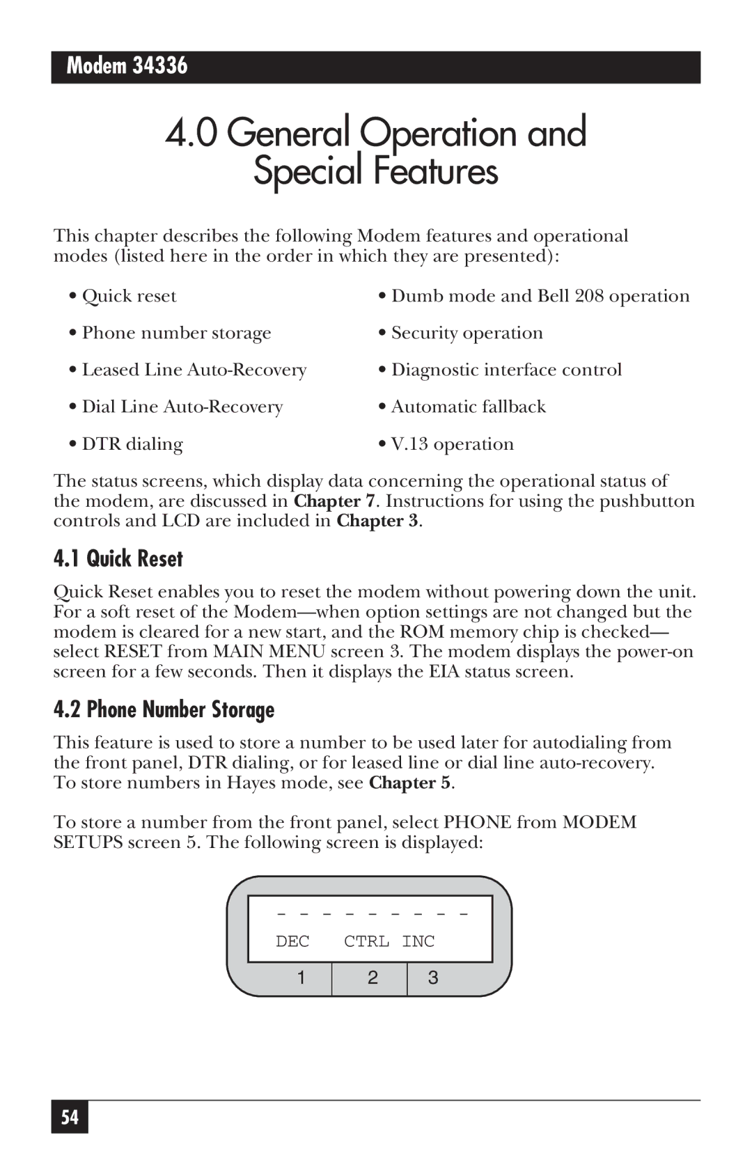 Black Box 34336, MD885AE-R2, MD885C-R2, MD885A-R3 user manual Quick Reset, Phone Number Storage 