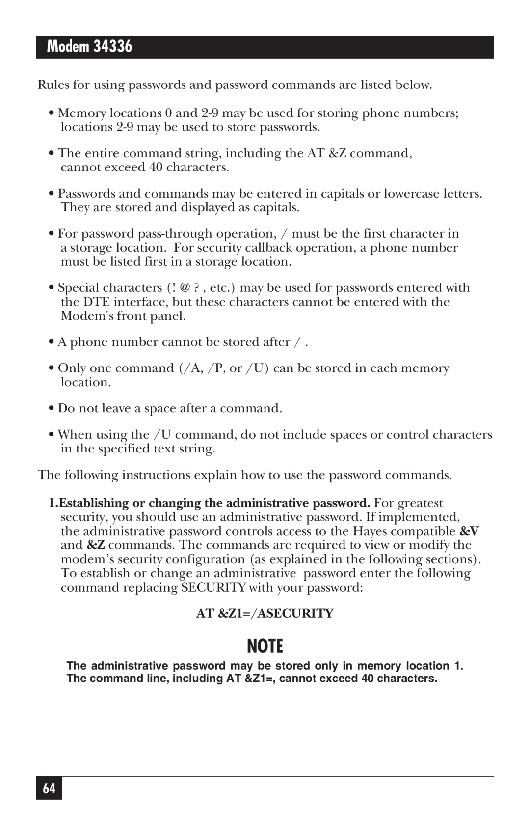 Black Box MD885C-R2, MD885AE-R2, MD885A-R3, 34336 user manual AT &Z1=/ASECURITY 