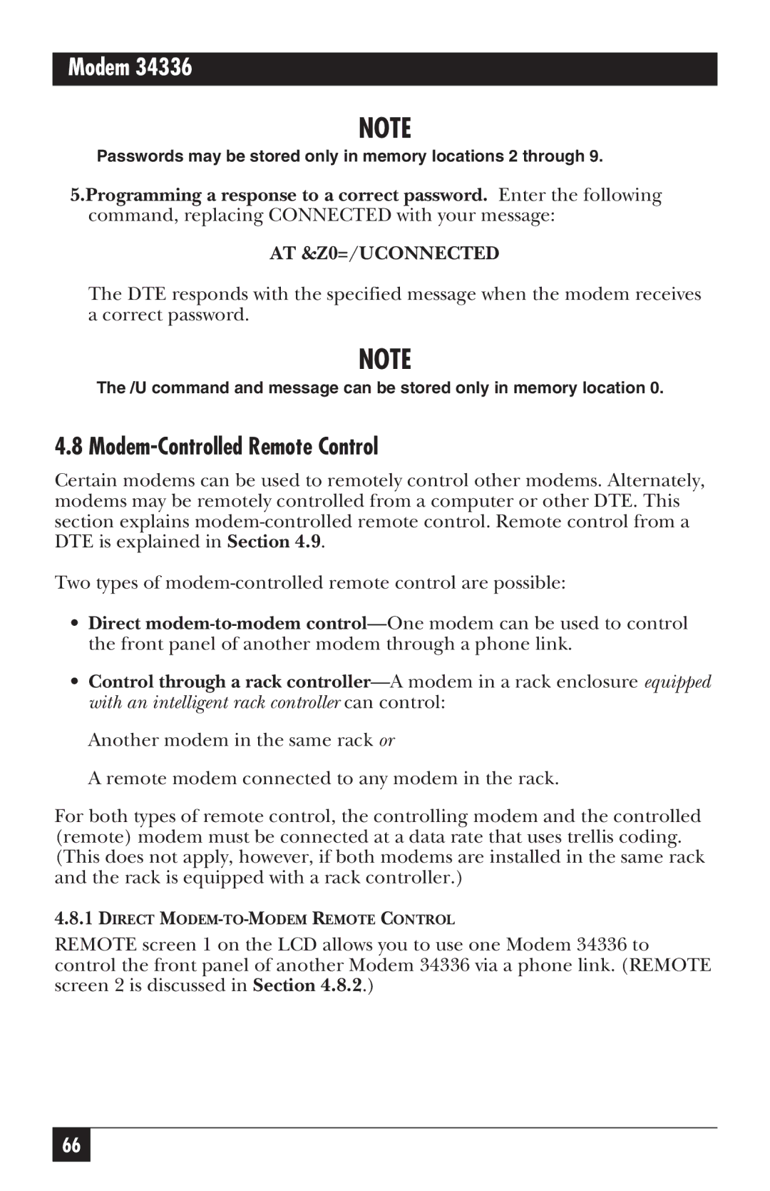 Black Box 34336, MD885AE-R2, MD885C-R2, MD885A-R3 user manual Modem-Controlled Remote Control, AT &Z0=/UCONNECTED 