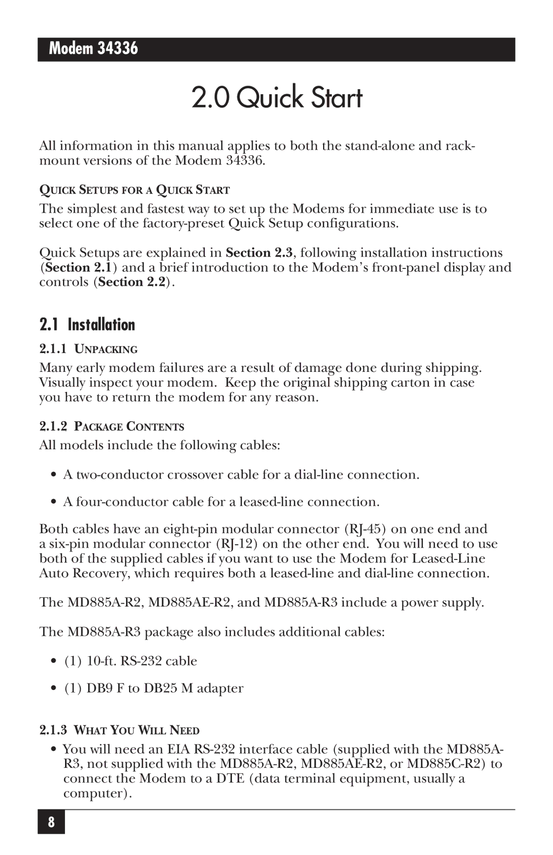 Black Box MD885C-R2, MD885AE-R2, MD885A-R3, 34336 user manual Quick Start, Installation 