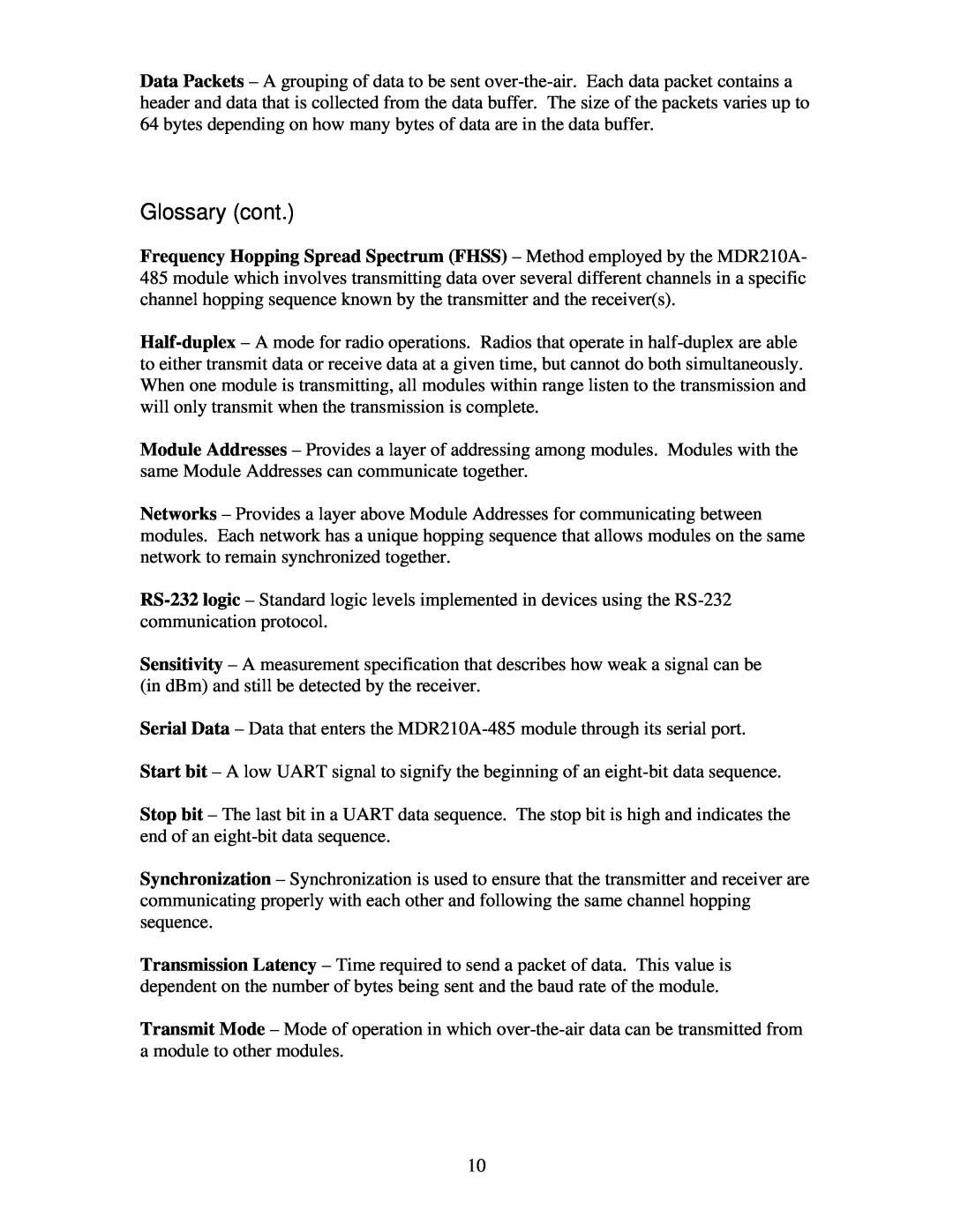 Black Box MDR210A-485 manual Glossary cont 