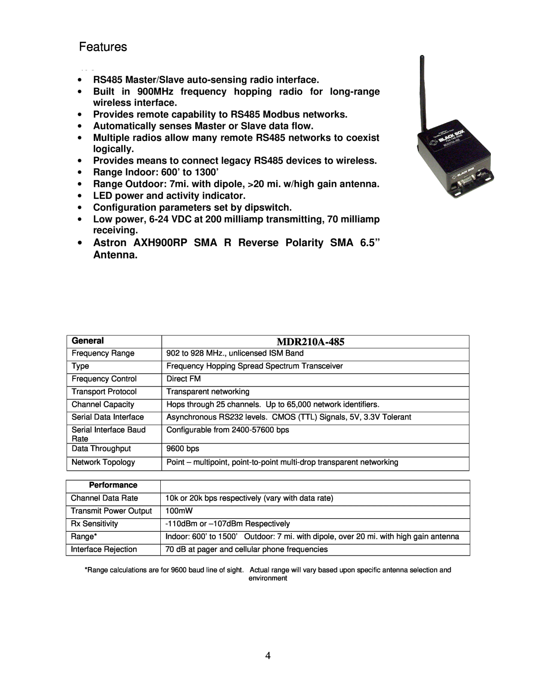 Black Box MDR210A-485 manual Features, ∙ Astron AXH900RP SMA R Reverse Polarity SMA 6.5”, Antenna 