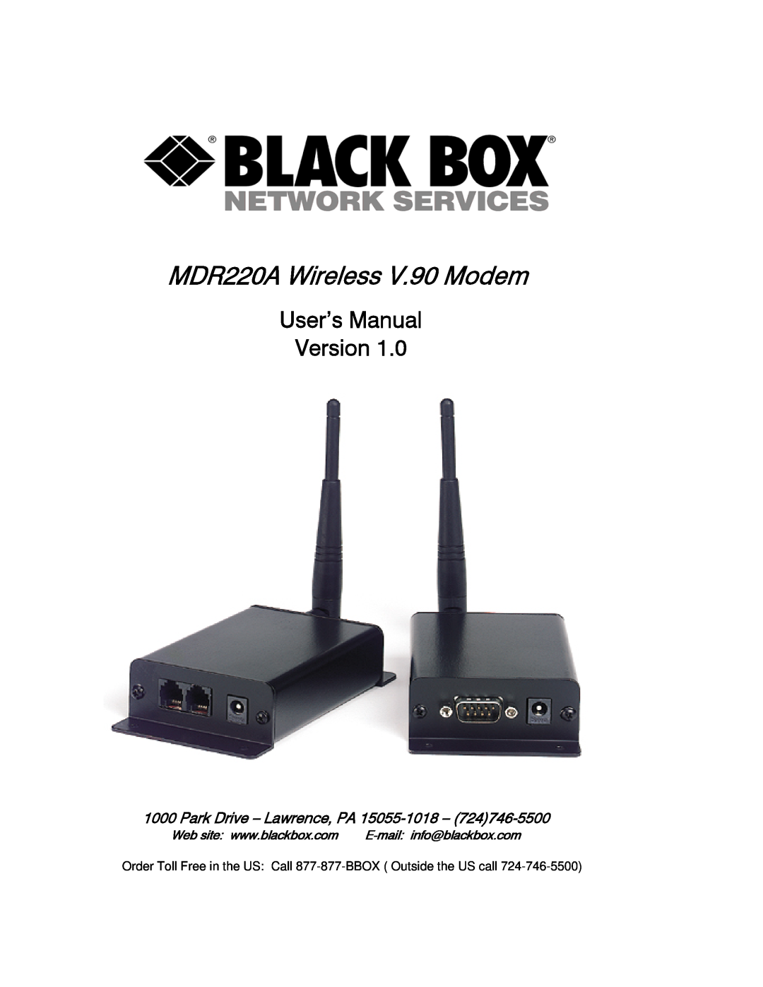 Black Box user manual MDR220A Wireless V.90 Modem, User’s Manual Version, Park Drive - Lawrence, PA 