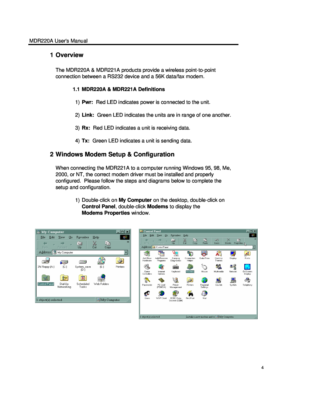Black Box user manual Overview, Windows Modem Setup & Configuration, 1.1 MDR220A & MDR221A Definitions 