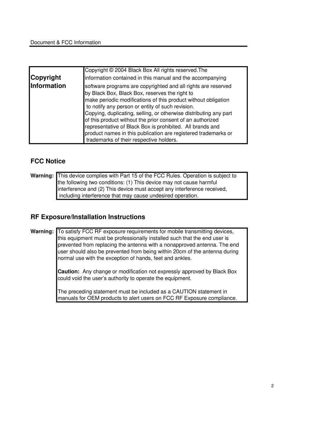 Black Box MDR220A user manual Copyright, Information, FCC Notice, RF Exposure/Installation Instructions 