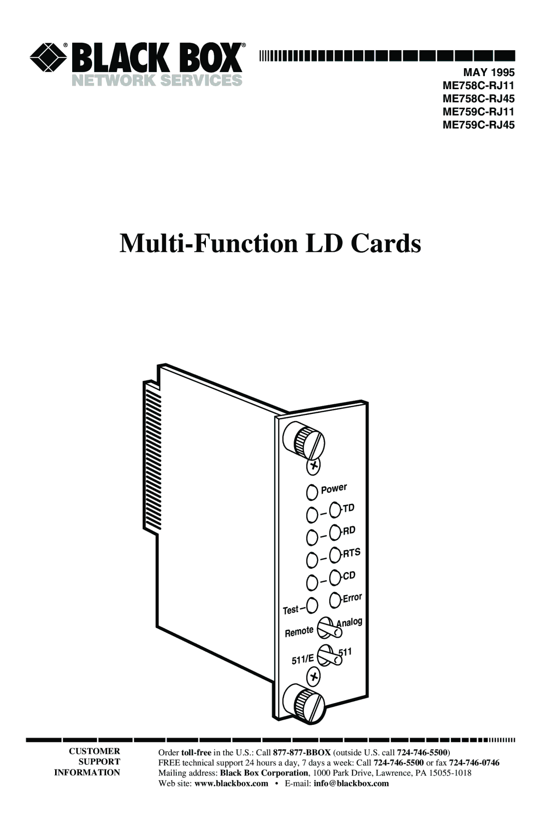 Black Box ME759C-RJ45, ME758C-RJ45, May-95, ME759C-RJ11, ME758C-RJ11 manual Multi-Function LD Cards 