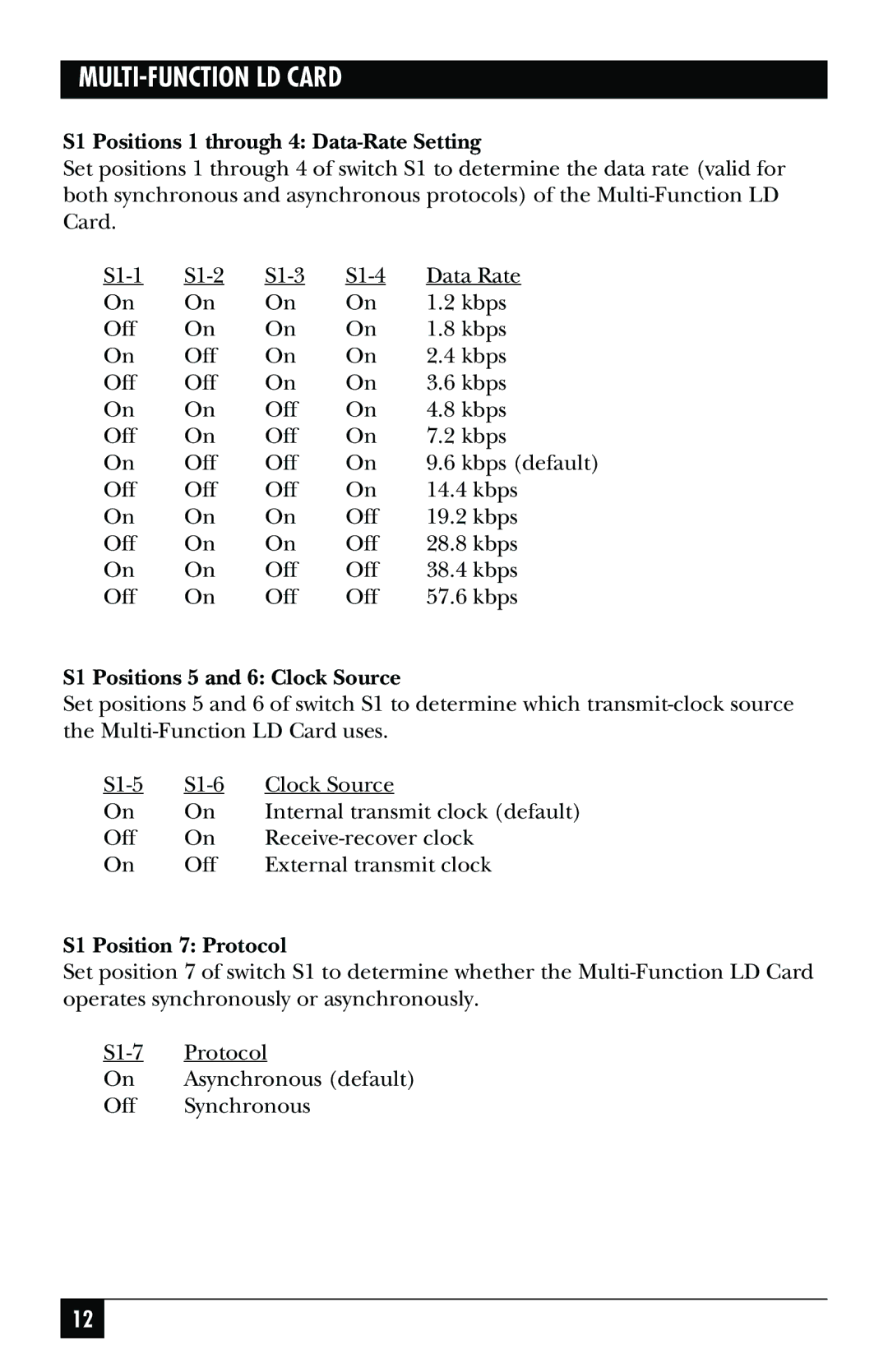 Black Box ME759C-RJ11, ME758C-RJ45, May-95 S1 Positions 1 through 4 Data-Rate Setting, S1 Positions 5 and 6 Clock Source 