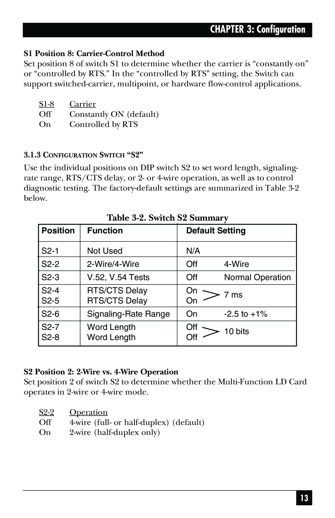 Black Box ME758C-RJ11 Switch S2 Summary, S1 Position 8 Carrier-Control Method, S2 Position 2 2-Wire vs -Wire Operation 