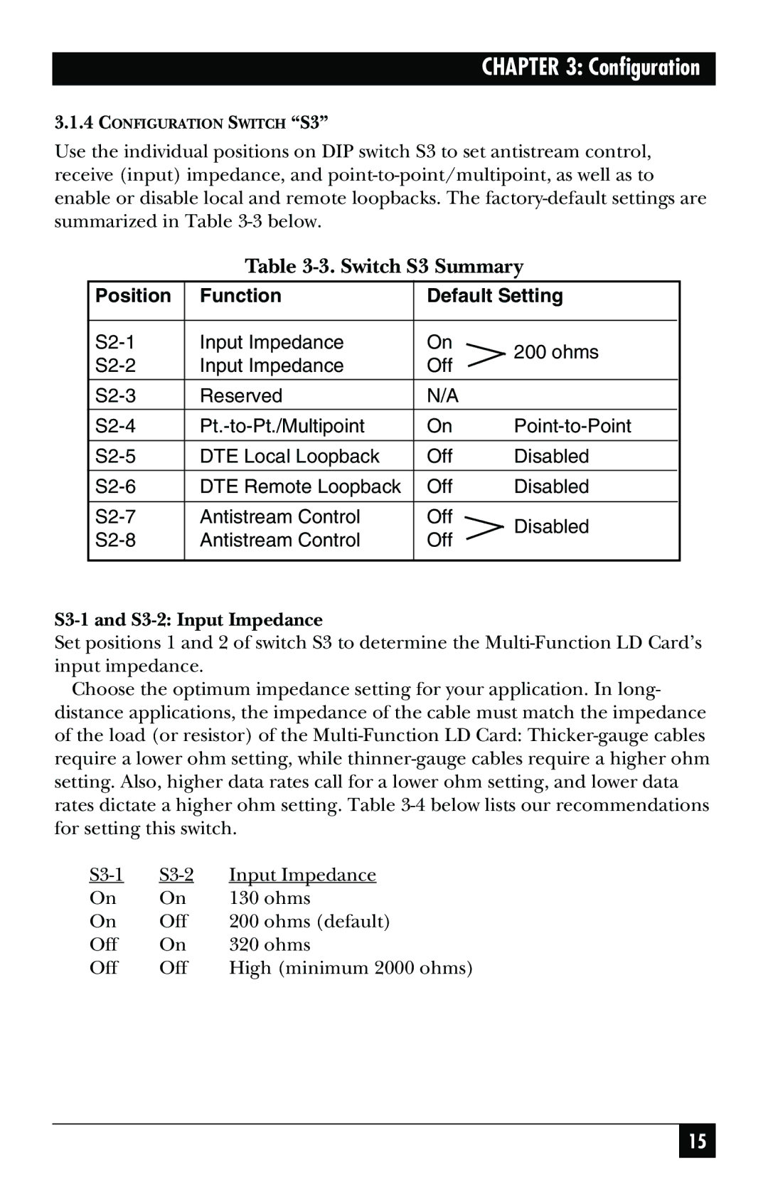 Black Box ME759C-RJ45, ME758C-RJ45, May-95, ME759C-RJ11, ME758C-RJ11 manual Switch S3 Summary, S3-1 and S3-2 Input Impedance 