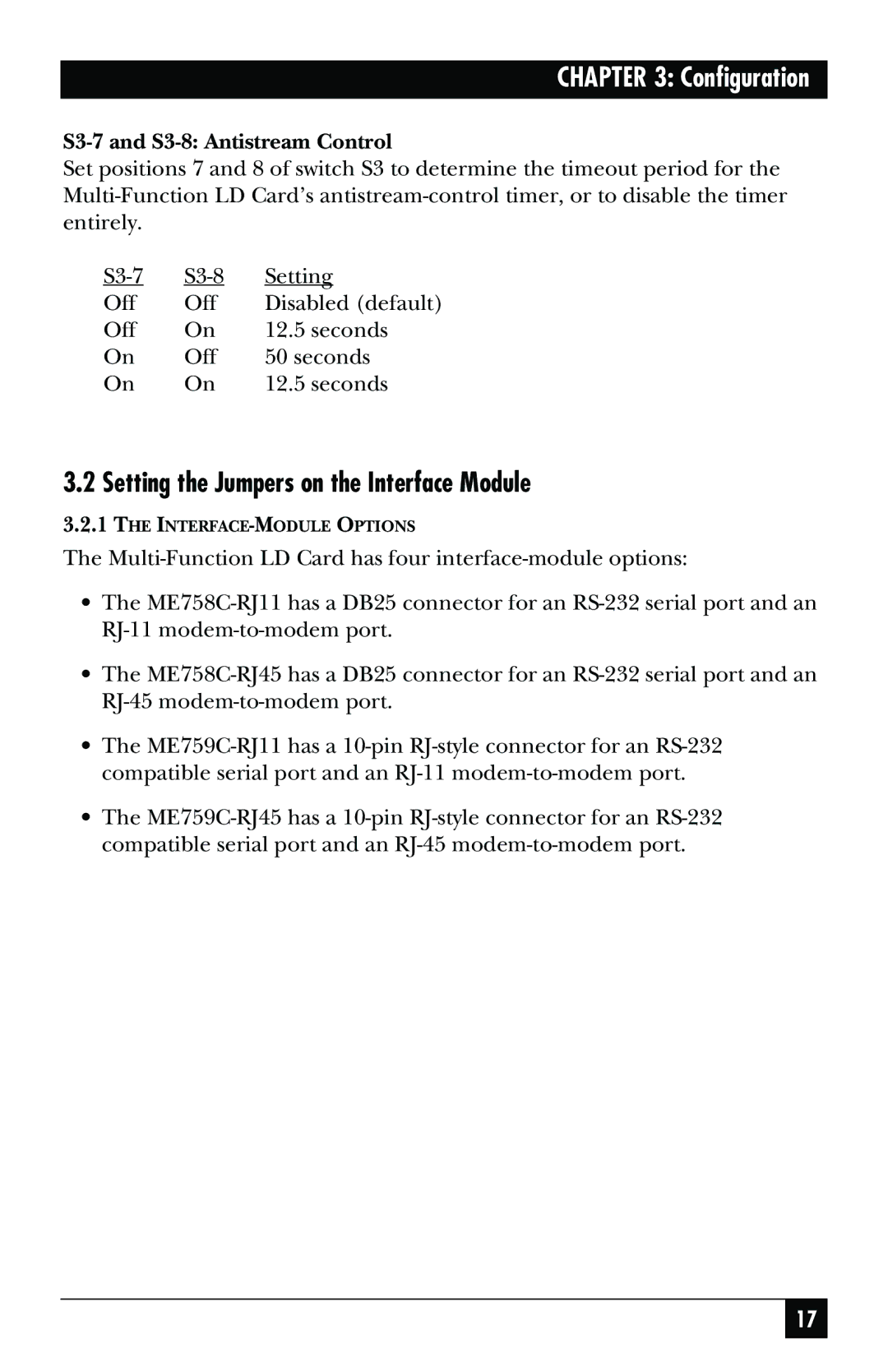 Black Box ME759C-RJ11, ME758C-RJ45, May-95 Setting the Jumpers on the Interface Module, S3-7 and S3-8 Antistream Control 