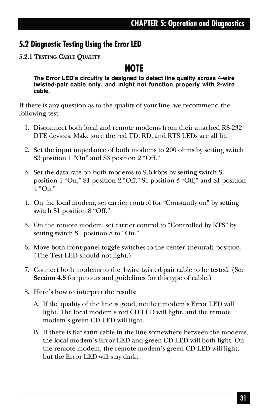 Black Box May-95, ME758C-RJ45, ME759C-RJ45, ME759C-RJ11, ME758C-RJ11 manual Diagnostic Testing Using the Error LED 