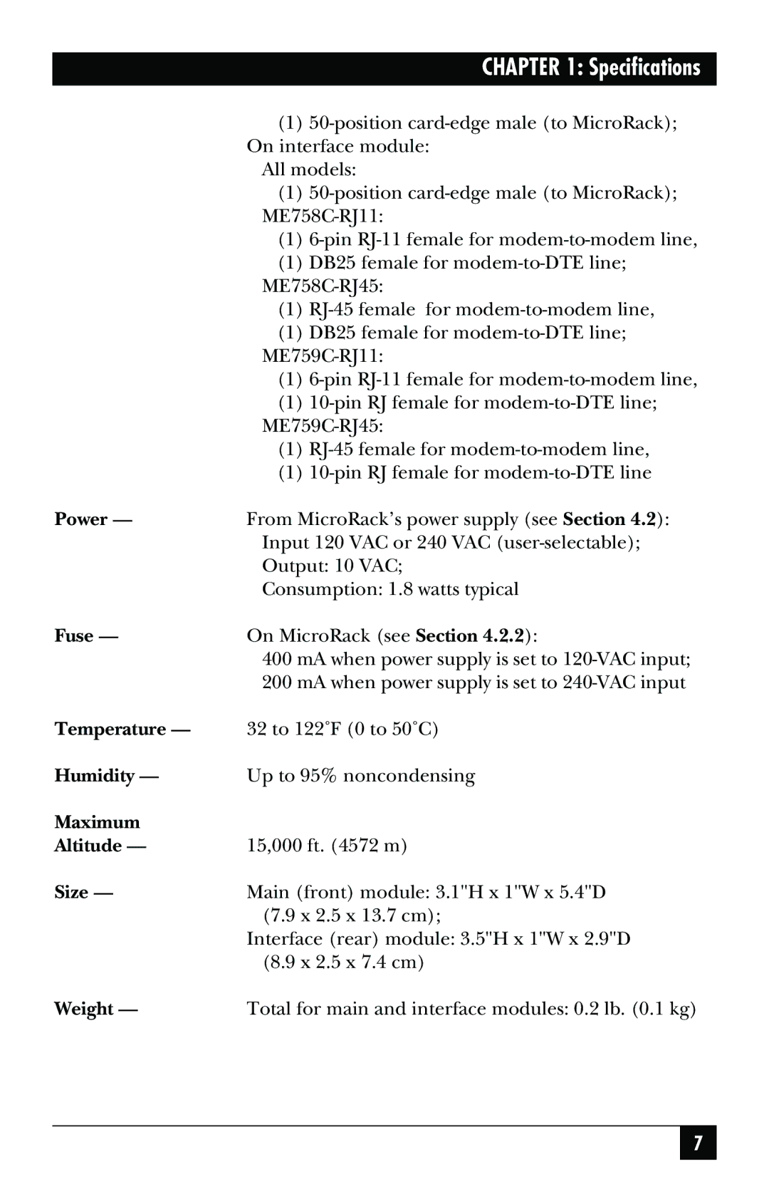 Black Box ME759C-RJ11, ME758C-RJ45, ME759C-RJ45, May-95 Power, Fuse, Temperature, Humidity, Maximum Altitude, Size, Weight 