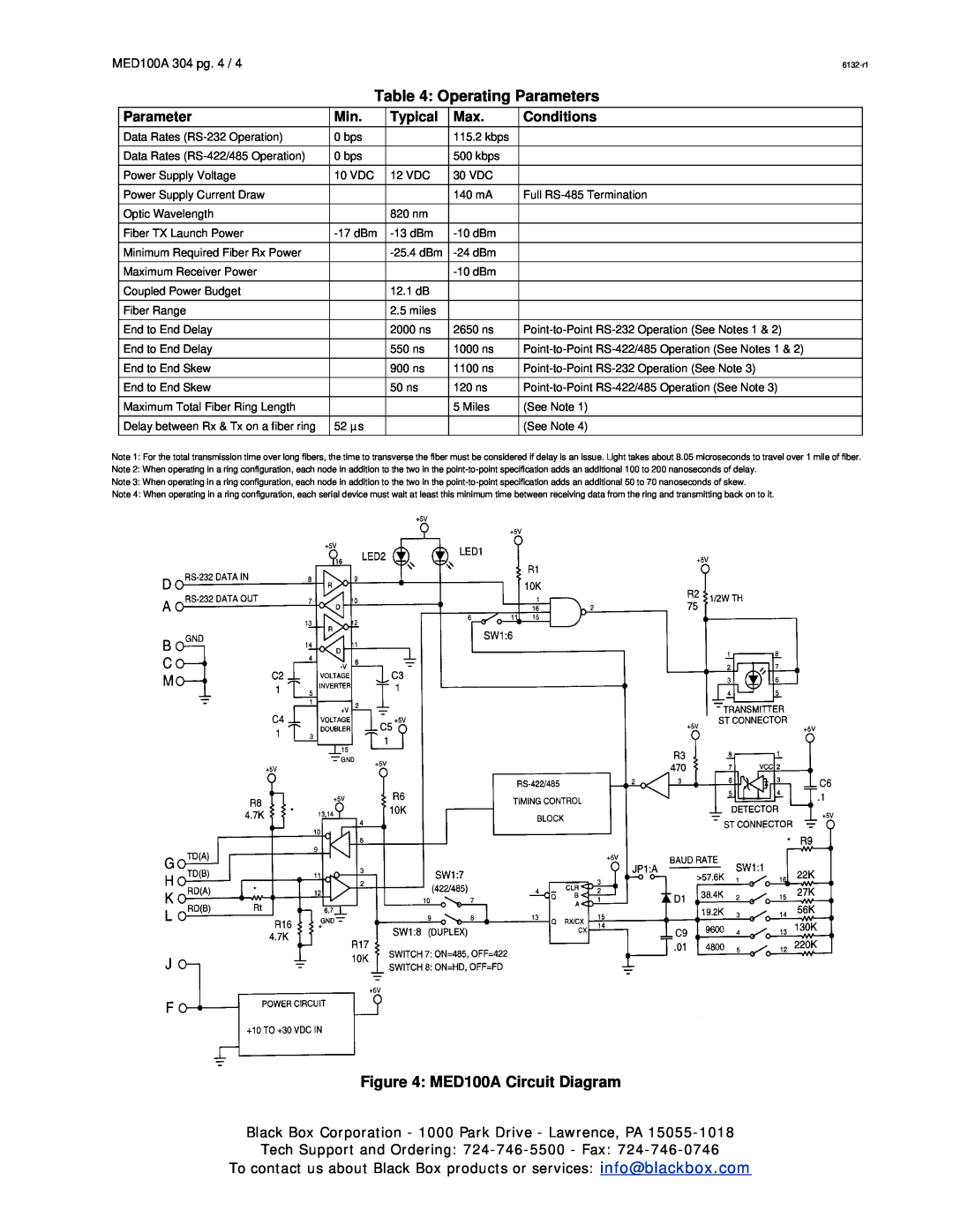 Black Box Fiber Optic Modem manual Operating Parameters, MED100A Circuit Diagram, Typical, Conditions 