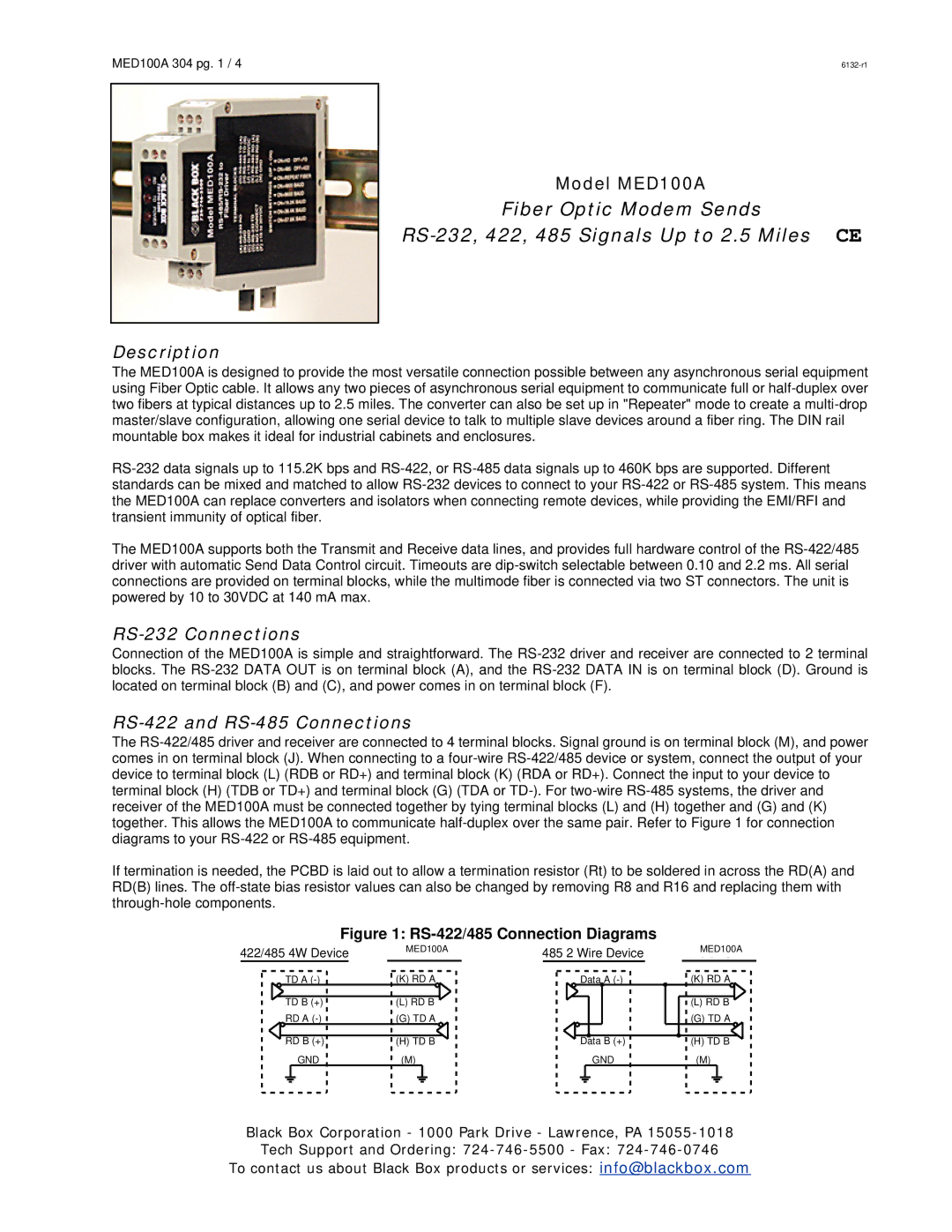 Black Box Fiber Optic Modem, MED100A manual Description, RS-232 Connections, RS-422 and RS-485 Connections 