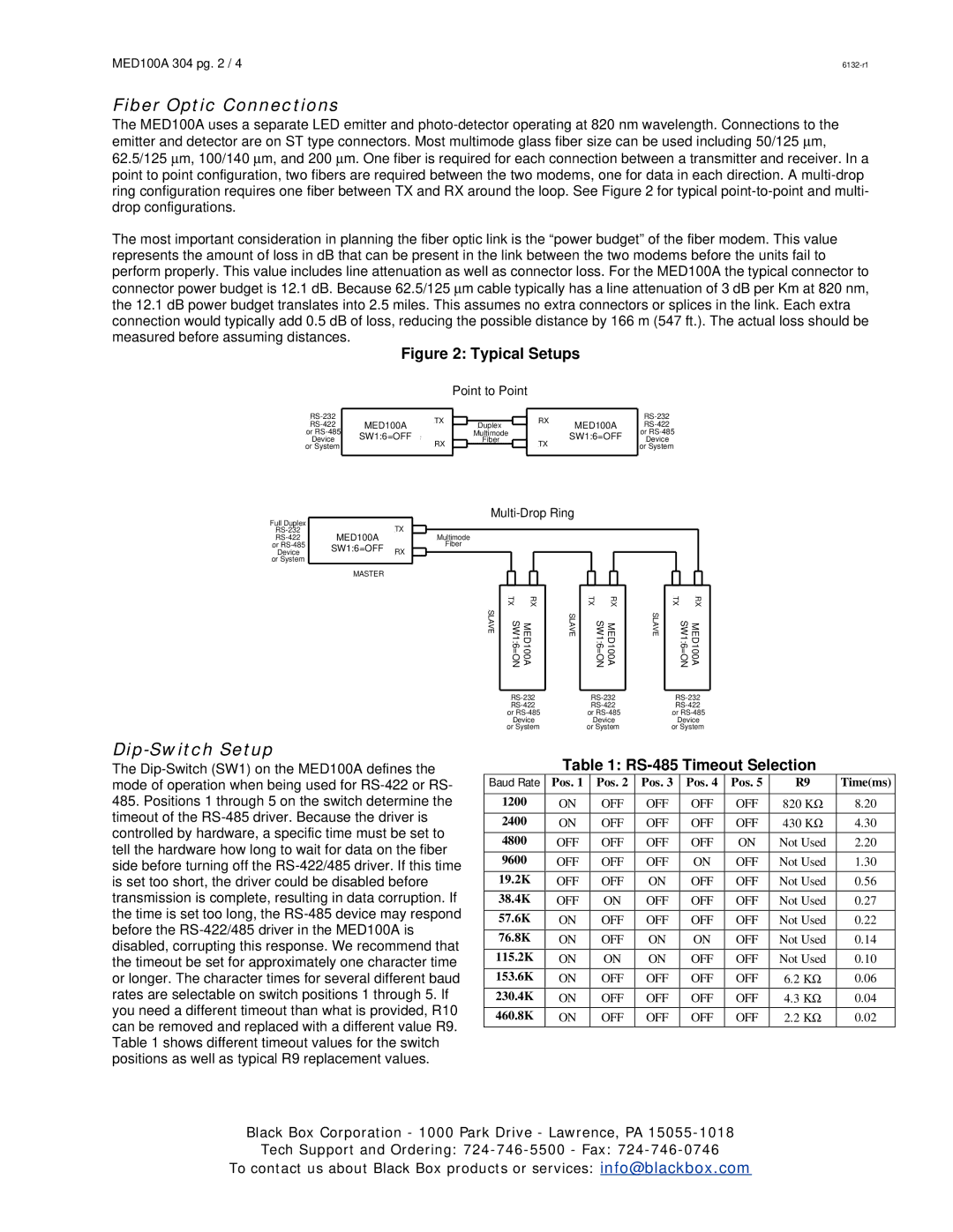 Black Box MED100A, Fiber Optic Modem manual Fiber Optic Connections, Dip-Switch Setup, RS-485 Timeout Selection 