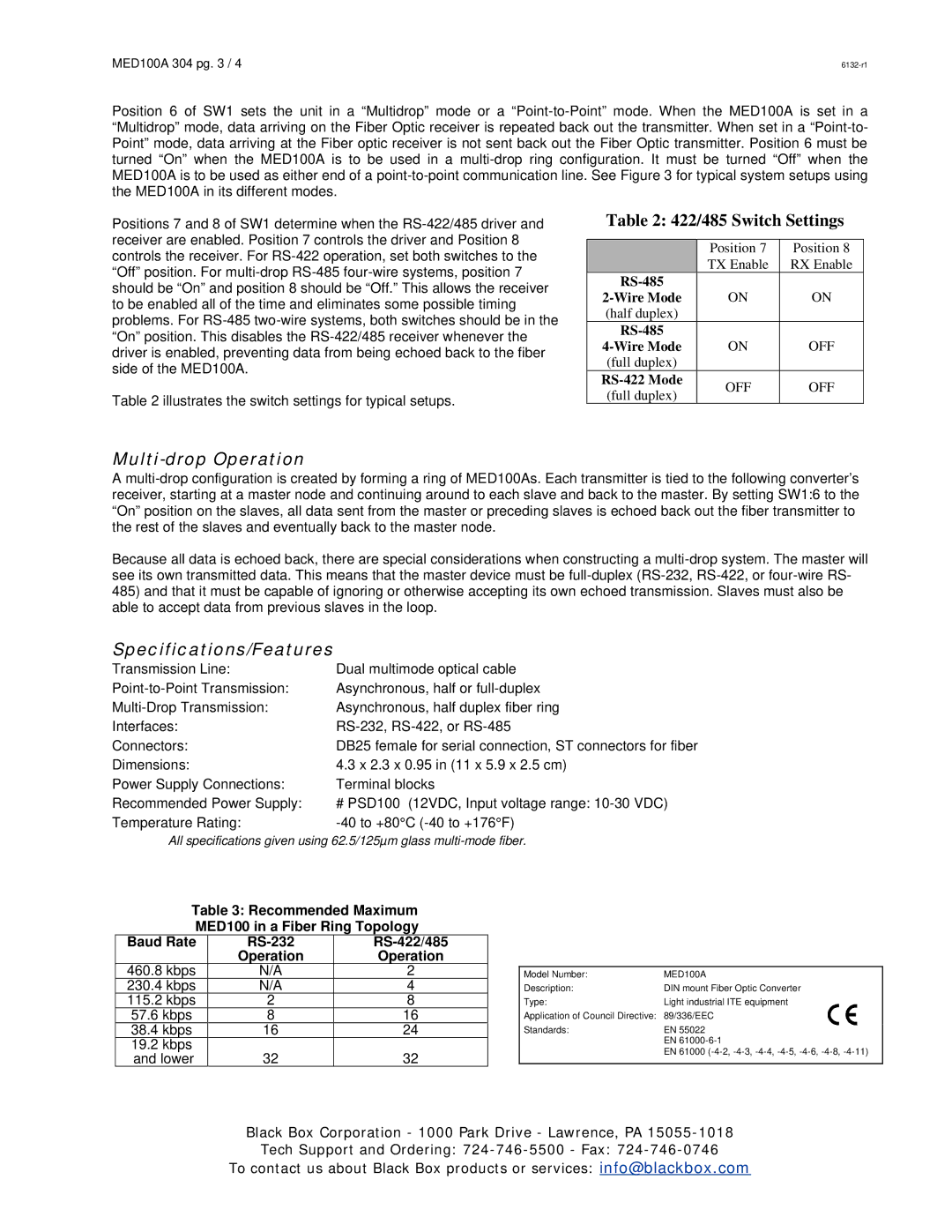 Black Box Fiber Optic Modem, MED100A manual Multi-drop Operation, Specifications/Features 