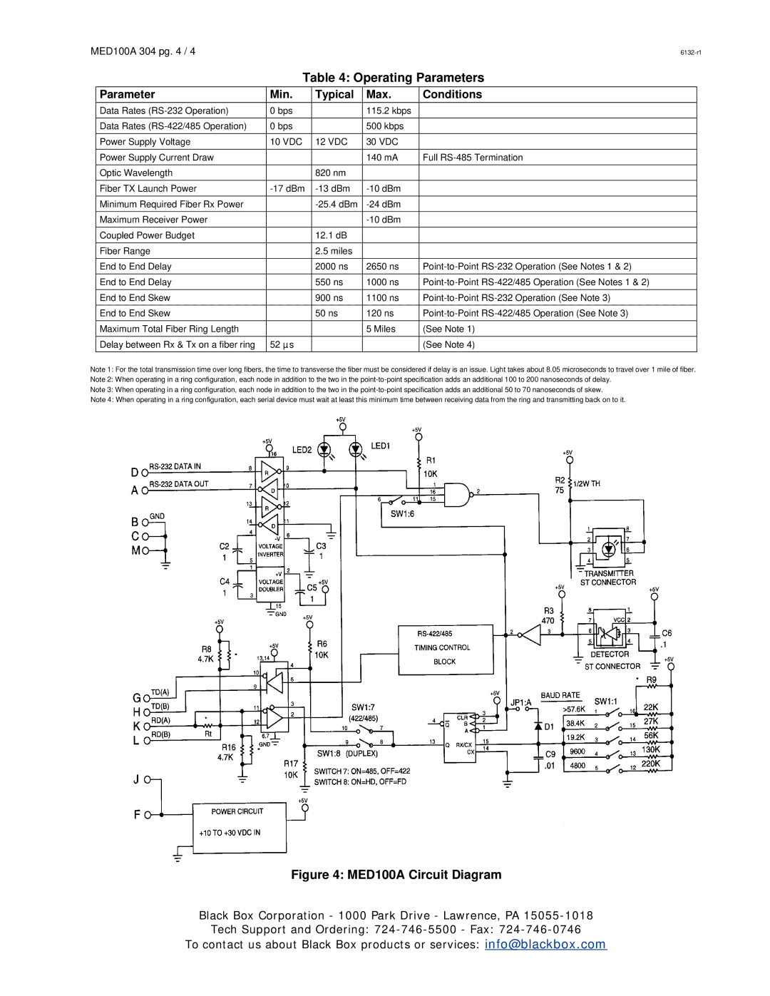 Black Box Fiber Optic Modem manual Operating Parameters, MED100A Circuit Diagram 