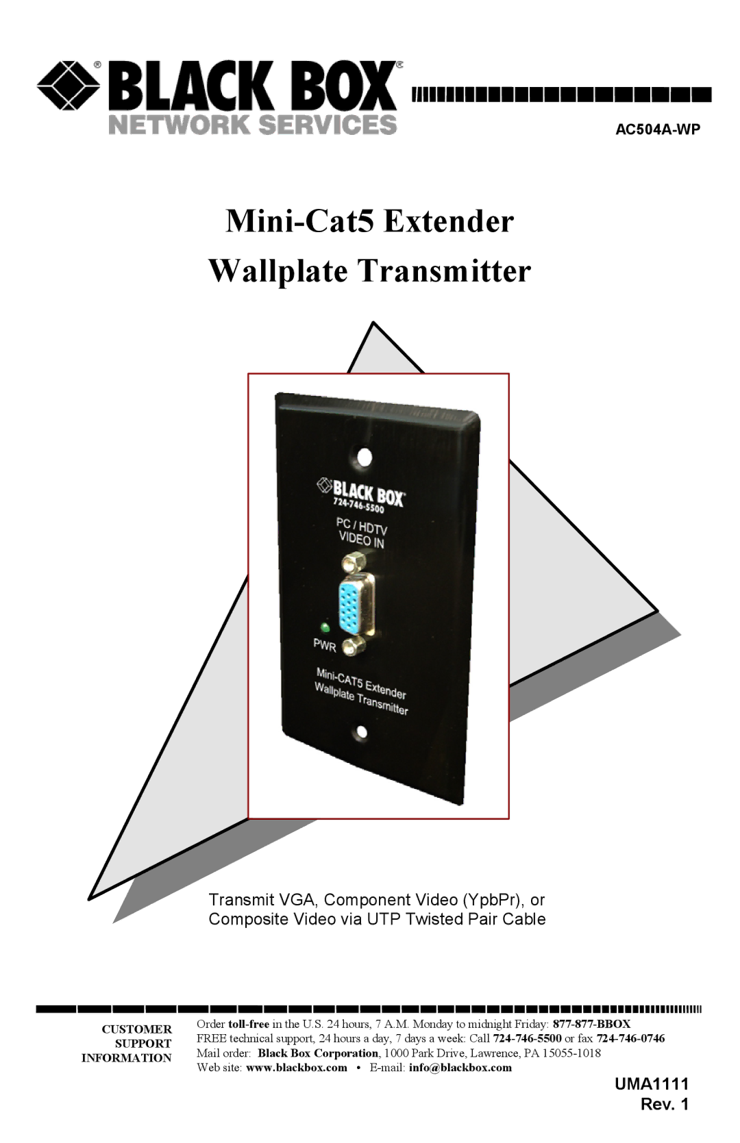 Black Box Mini-Cat5 Extender Wallplate Transmitter, AC504A-WP manual 