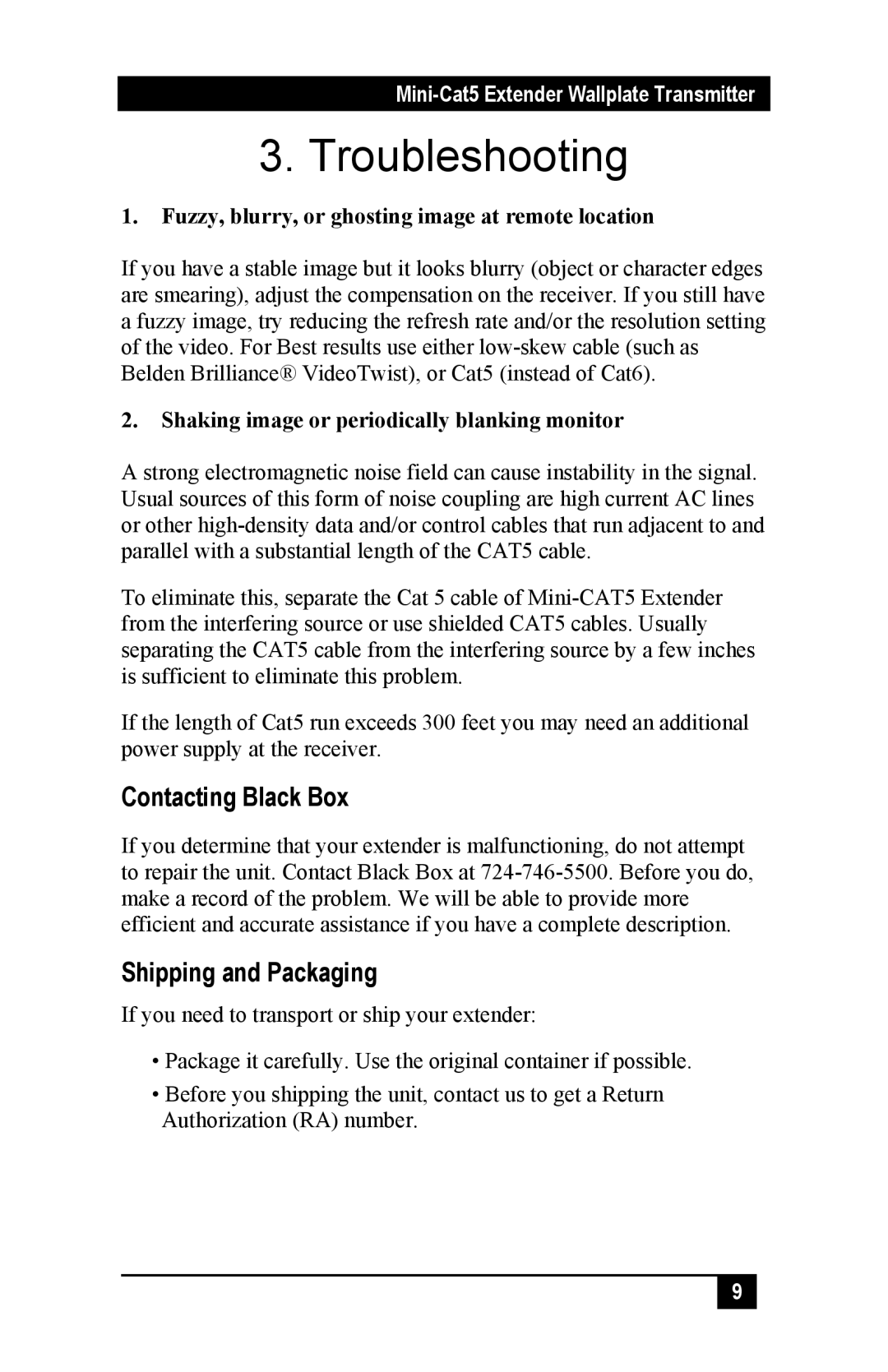 Black Box Mini-Cat5 Extender Wallplate Transmitter manual Troubleshooting, Contacting Black Box, Shipping and Packaging 