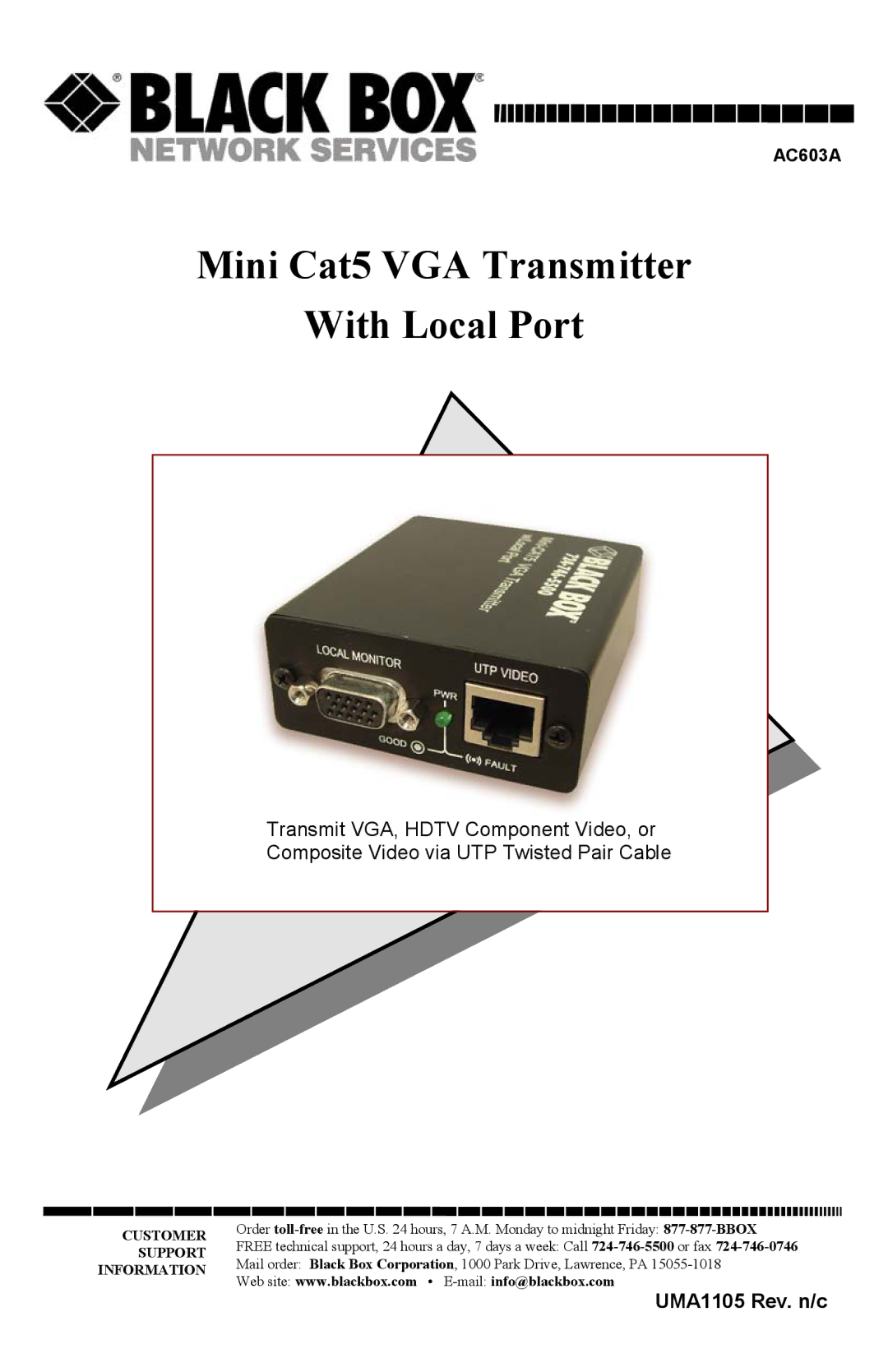 Black Box Mini Cat5 VGA Transmitter With Local Port, AC603A manual 