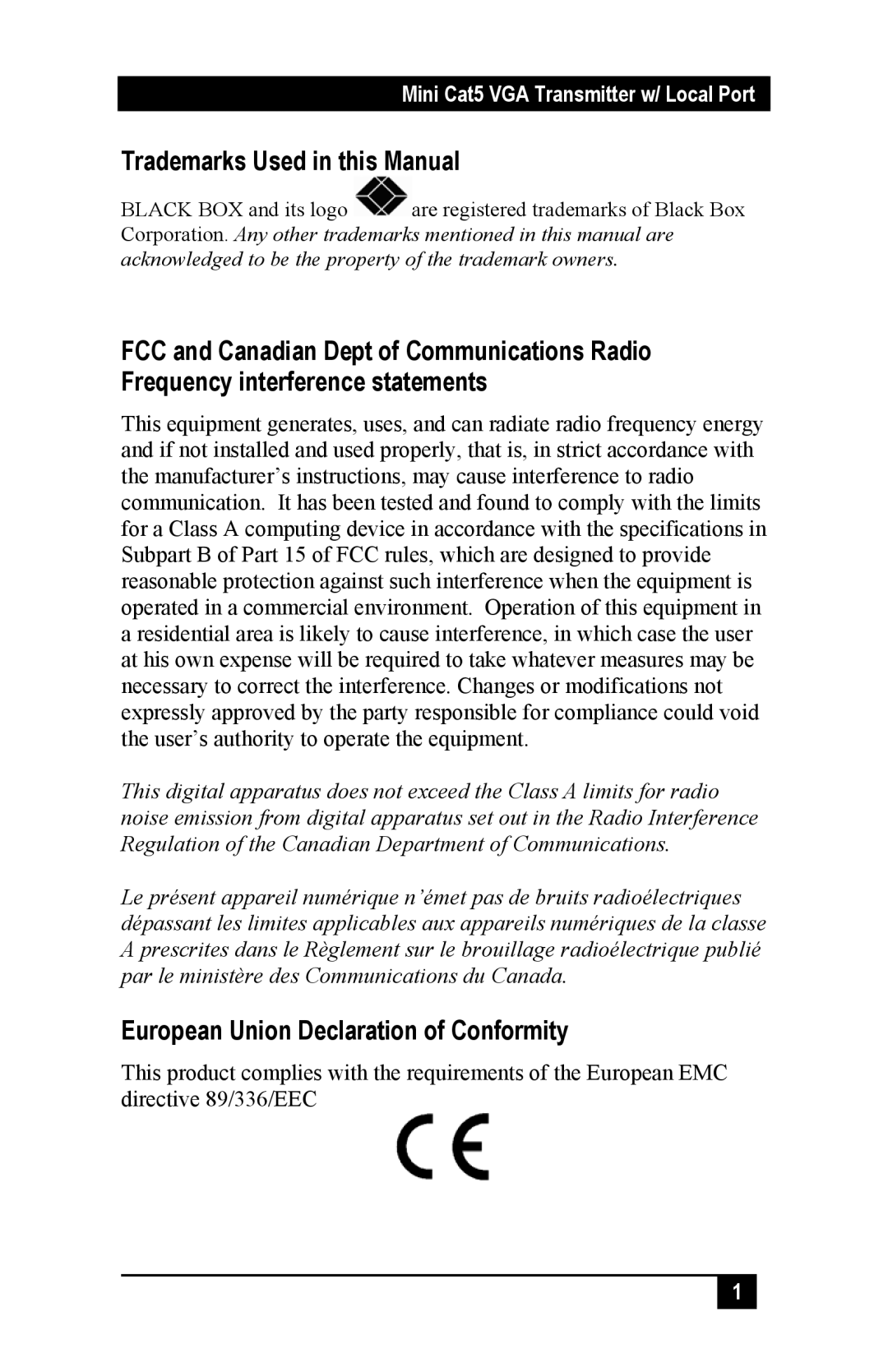 Black Box Mini Cat5 VGA Transmitter With Local Port, AC603A manual Trademarks Used in this Manual 