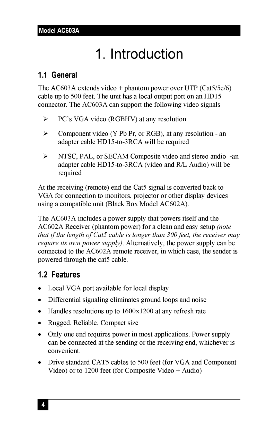 Black Box AC603A, Mini Cat5 VGA Transmitter With Local Port manual Introduction, General, Features 
