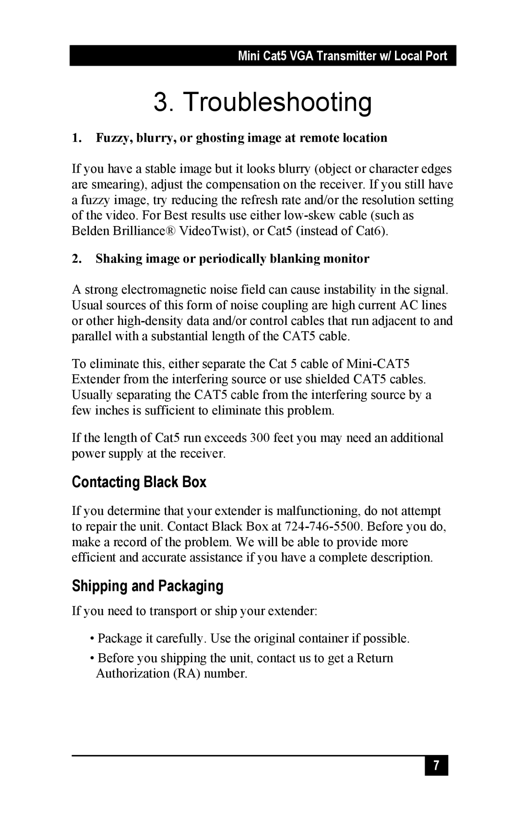 Black Box Mini Cat5 VGA Transmitter With Local Port, AC603A Troubleshooting, Contacting Black Box, Shipping and Packaging 