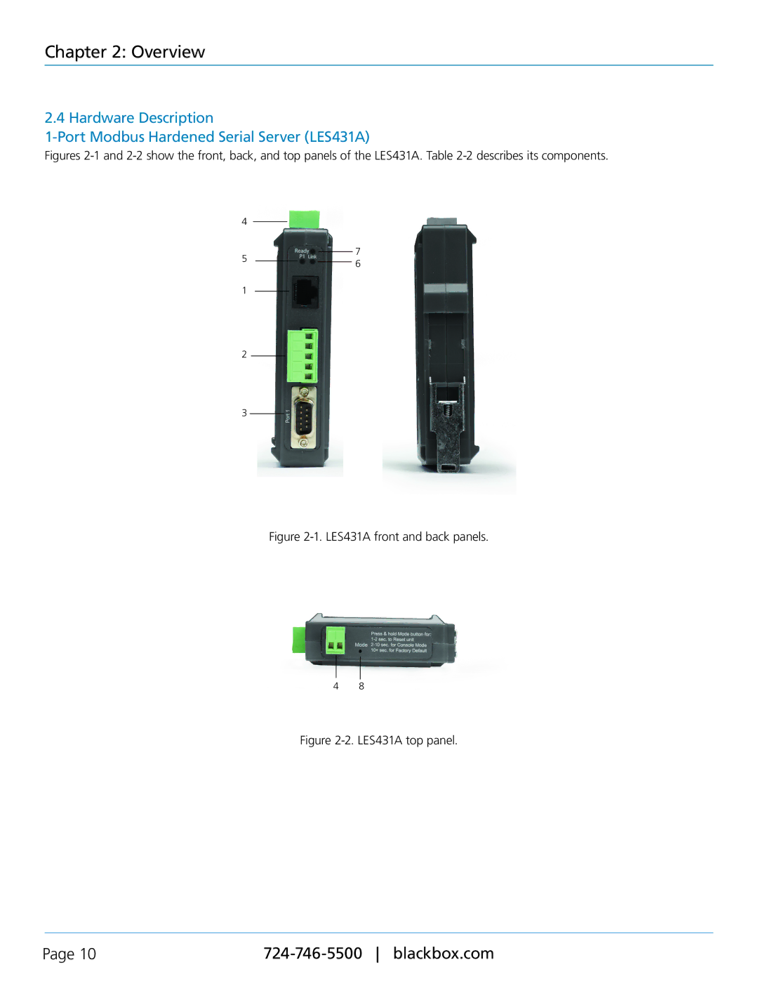 Black Box Modbus Hardened Serial Server manual LES431A front and back panels 