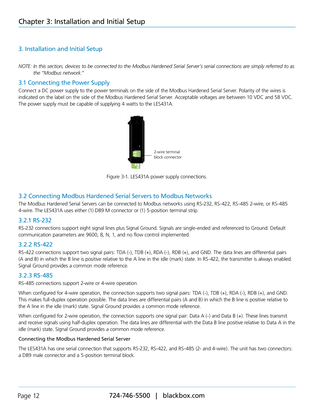 Black Box LES431A manual Installation and Initial Setup Connecting the Power Supply, 1 RS-232, 2 RS-422, 3 RS-485 