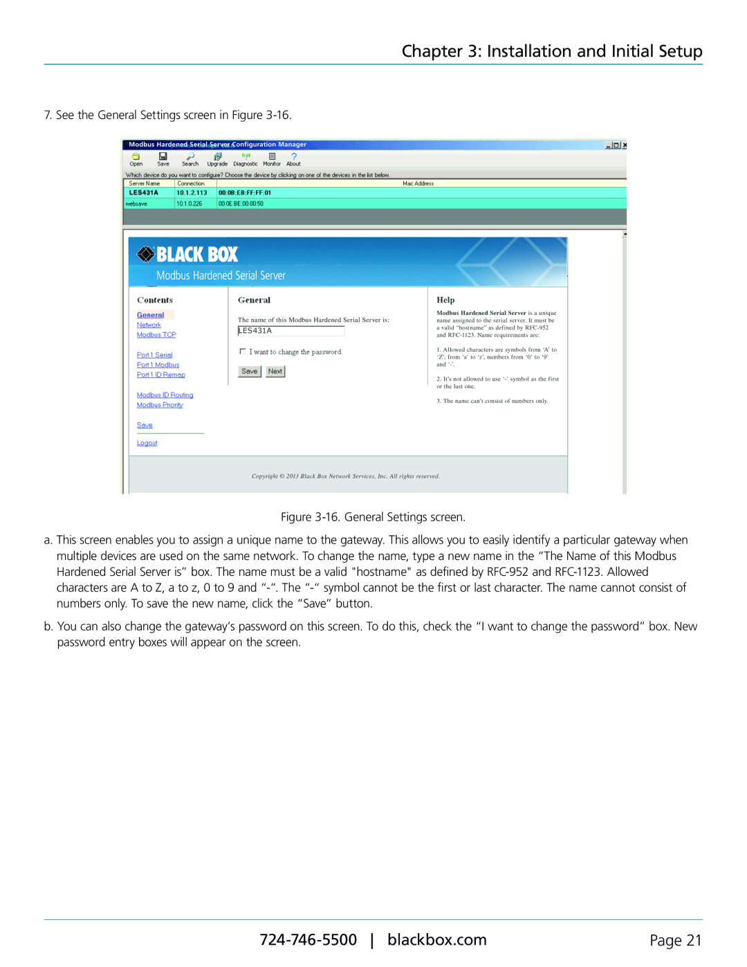 Black Box Modbus Hardened Serial Server, LES431A manual See the General Settings screen in Figure 