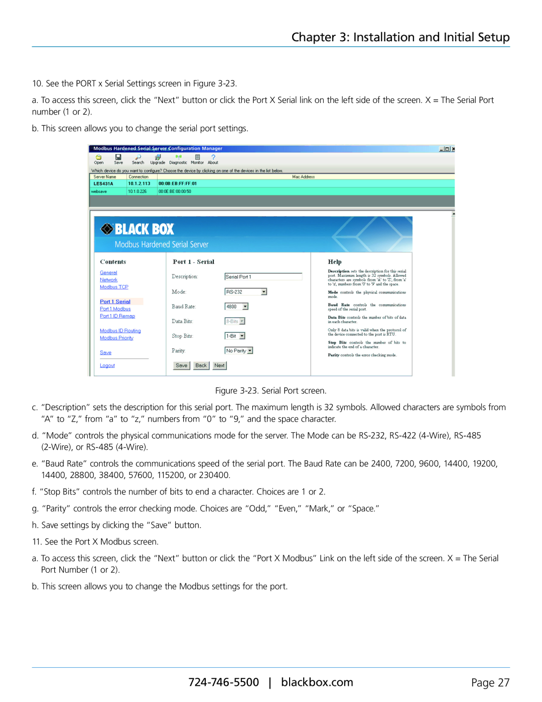 Black Box Modbus Hardened Serial Server, LES431A manual Installation and Initial Setup 