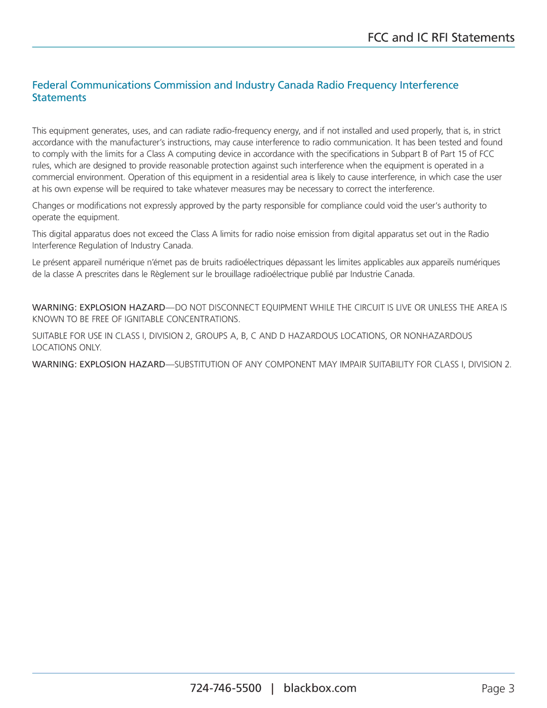 Black Box Modbus Hardened Serial Server, LES431A manual FCC and IC RFI Statements 