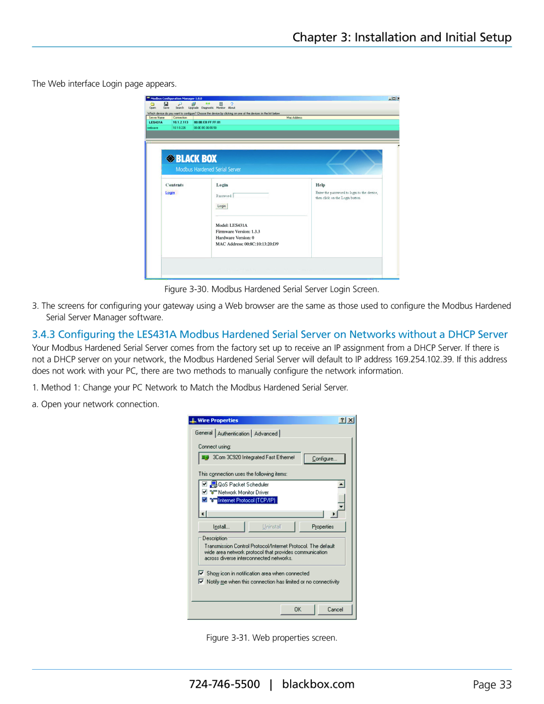 Black Box Modbus Hardened Serial Server, LES431A manual Web properties screen 