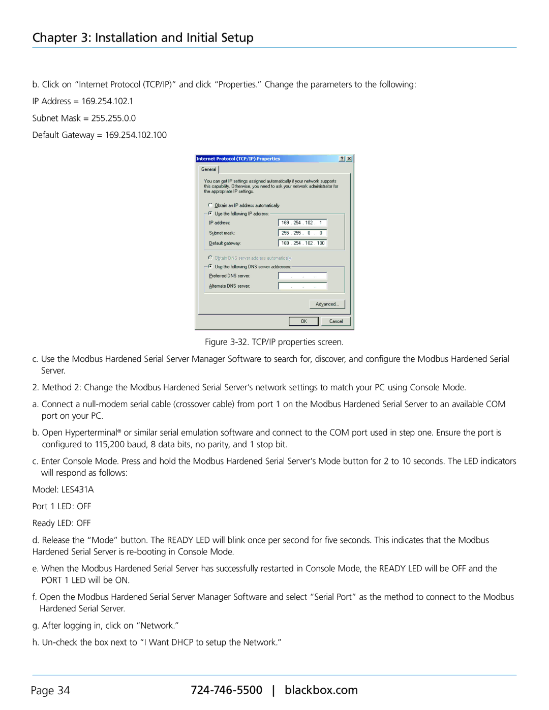 Black Box LES431A, Modbus Hardened Serial Server manual Installation and Initial Setup 