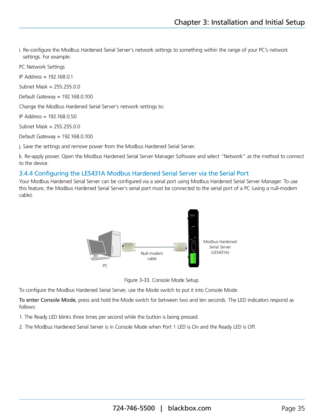 Black Box manual Null-modem Cable Modbus Hardened Serial Server LES431A 