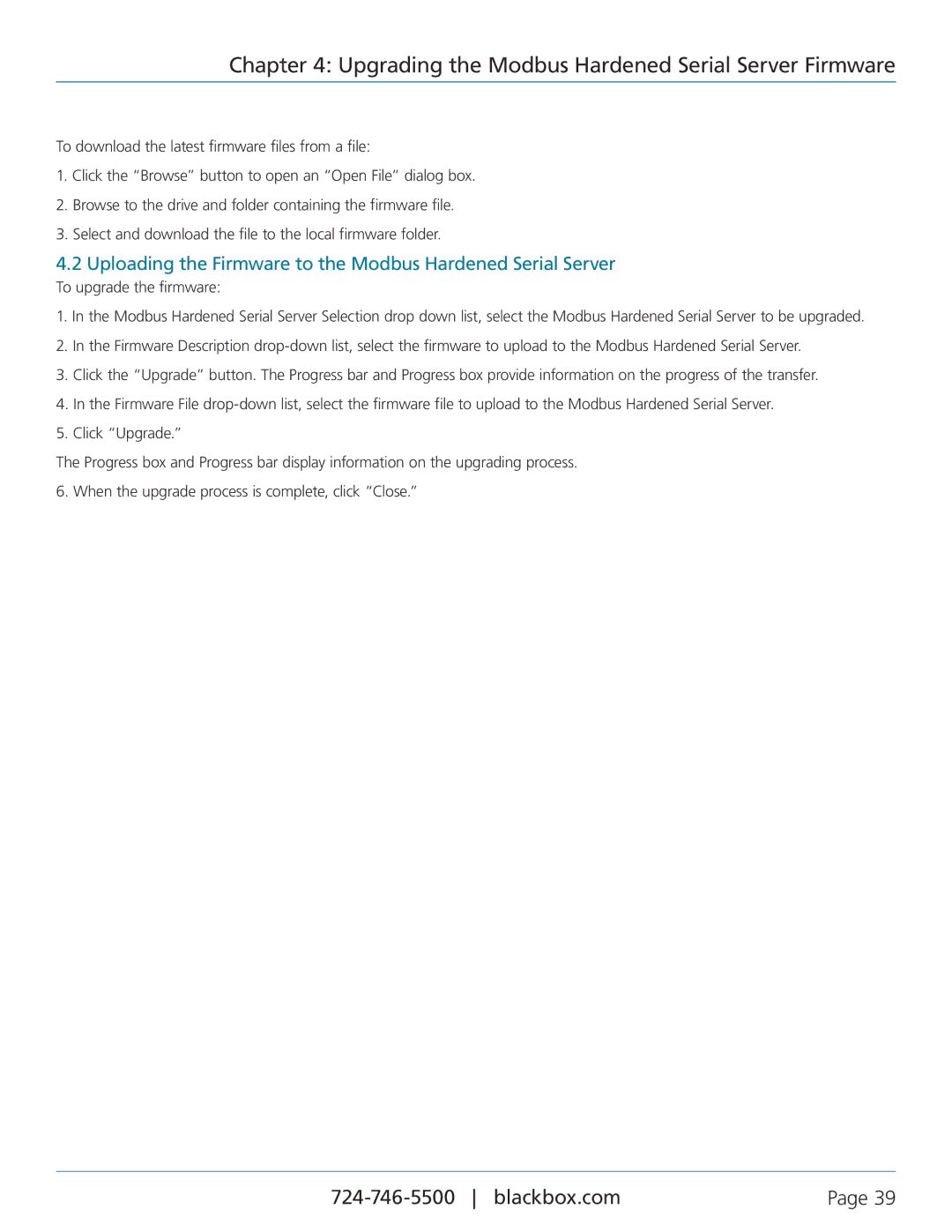 Black Box LES431A manual Uploading the Firmware to the Modbus Hardened Serial Server 