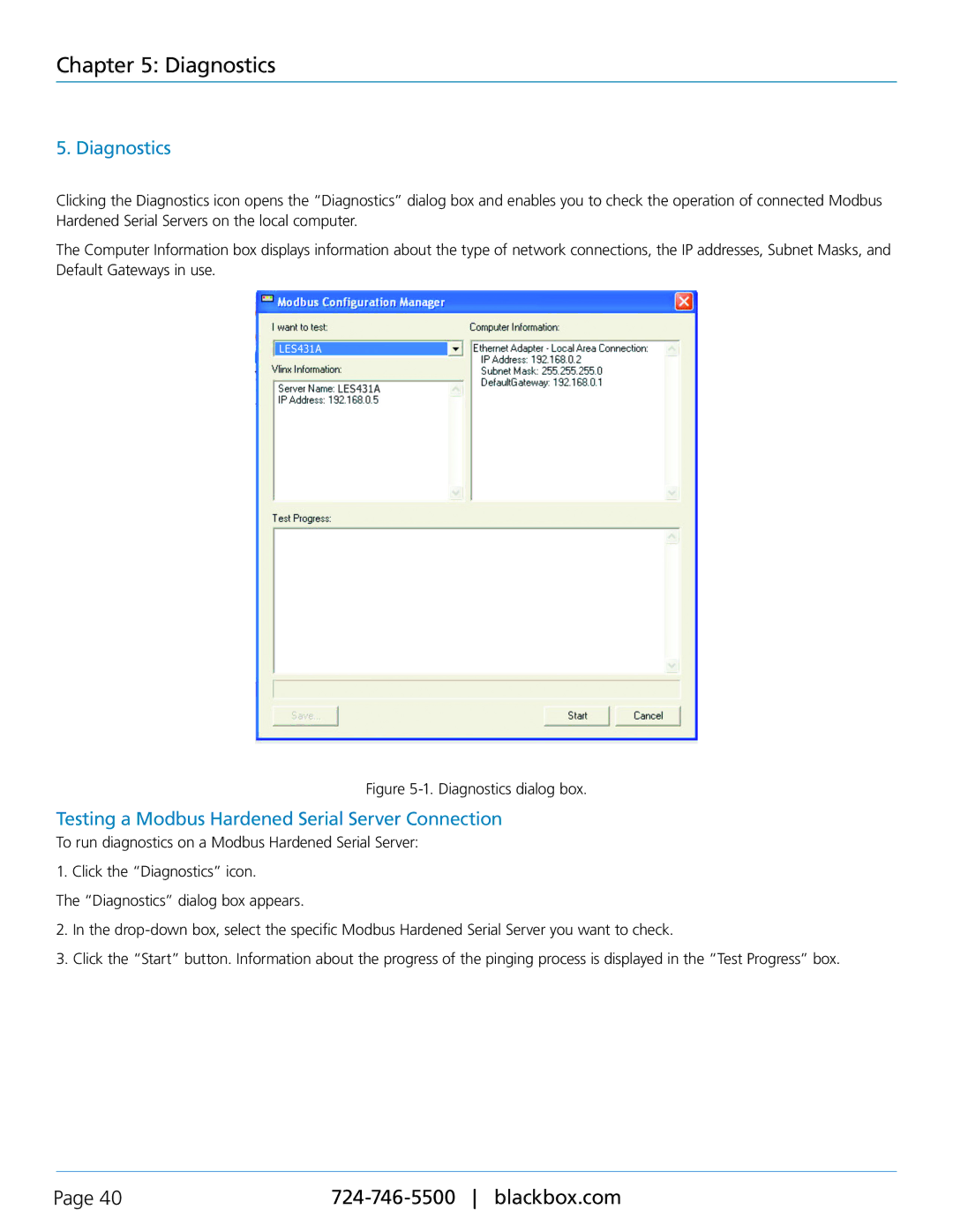 Black Box LES431A manual Diagnostics, Testing a Modbus Hardened Serial Server Connection 