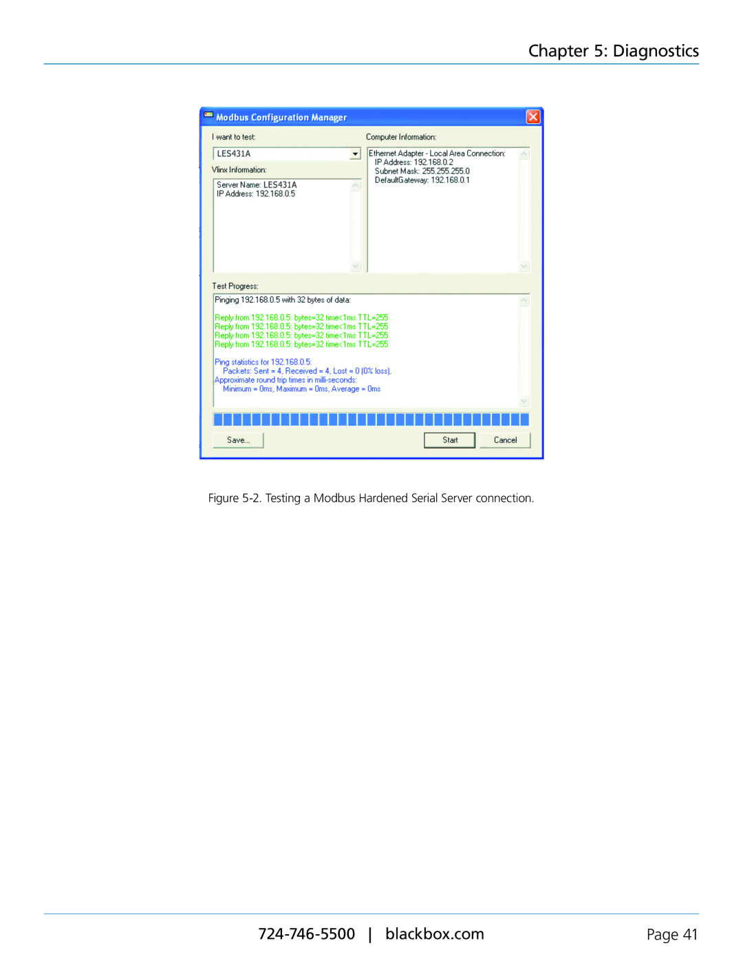 Black Box LES431A manual Testing a Modbus Hardened Serial Server connection 