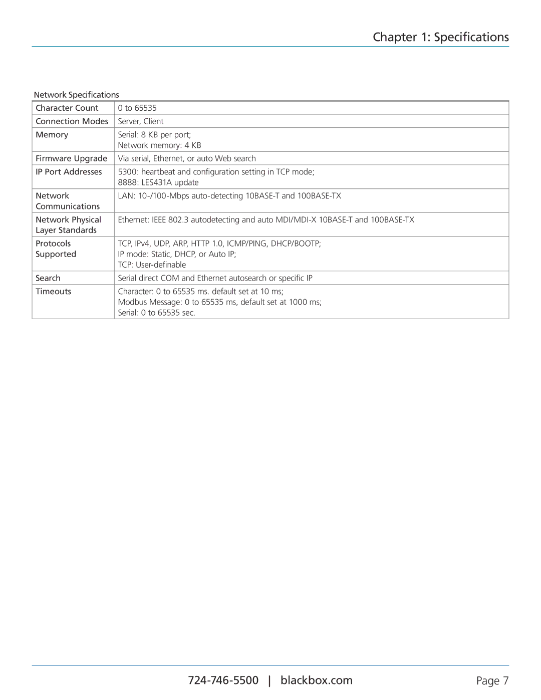 Black Box Modbus Hardened Serial Server, LES431A manual Specifications 