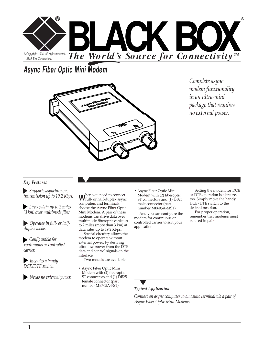 Black Box Modem manual Key Features, Typical Application 