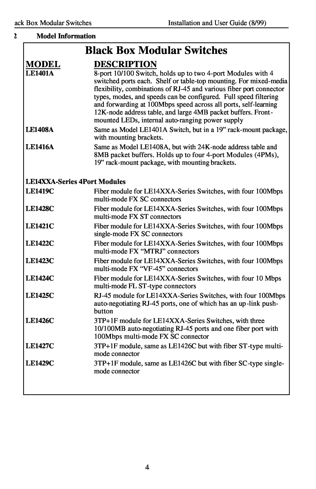 Black Box Description, Black Box Modular Switches, Model Information, LE1401A, LE1408A, LE1416A, LE1419C, LE1428C 